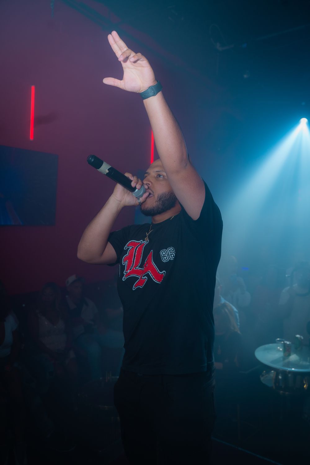 Artista con el brazo levantado cantando en el escenario